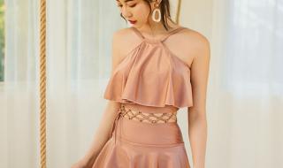 吊带泳衣遮副乳胖MM